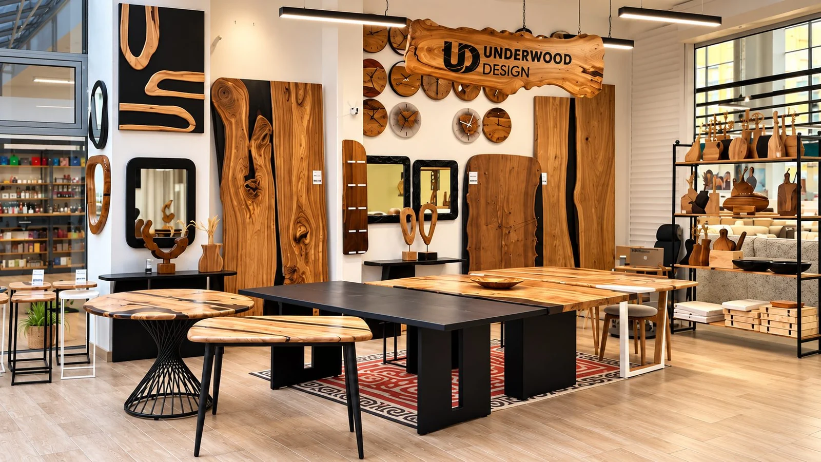 Underwood showroom in Astana: designer furniture, mirrors and natural wood decor